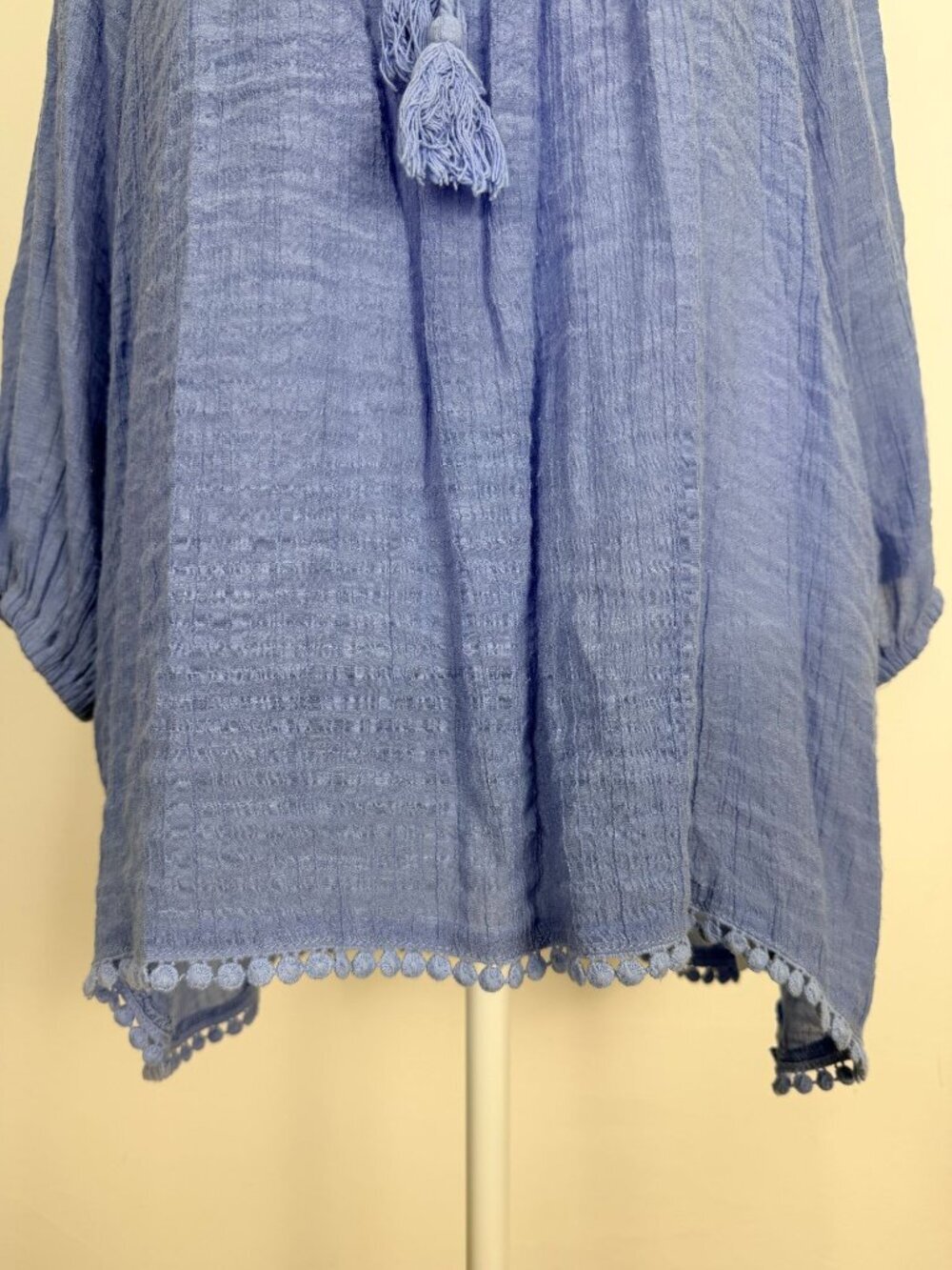Bobeau Womens Blue Gauze Boho Tunic Top Medium Tassel Tie 3/4 Sleeve - Picture 12 of 13